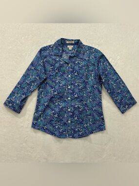L.L.Bean Wrinkle-Free Blue Floral 3/4 Sleeve Button Up Shirt Women’s Size XS